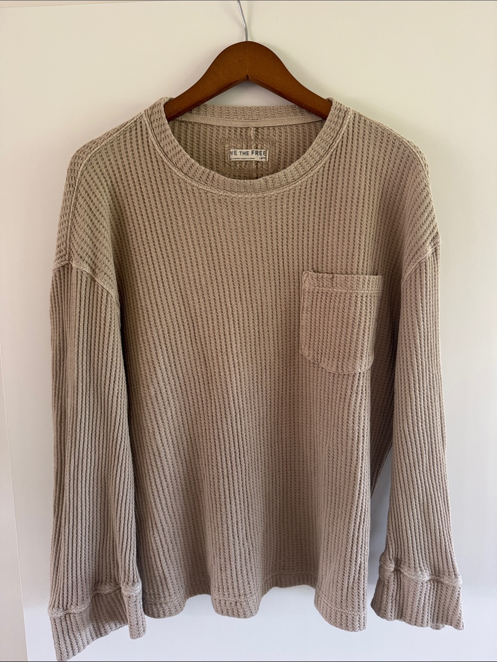 We The Free Beige Waffle-Knit Crewneck Sweater with Chest Pocket